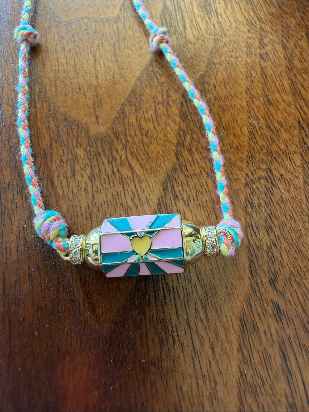 Gold-Tone Pink & Teal Enamel Heart Cord Bracelet